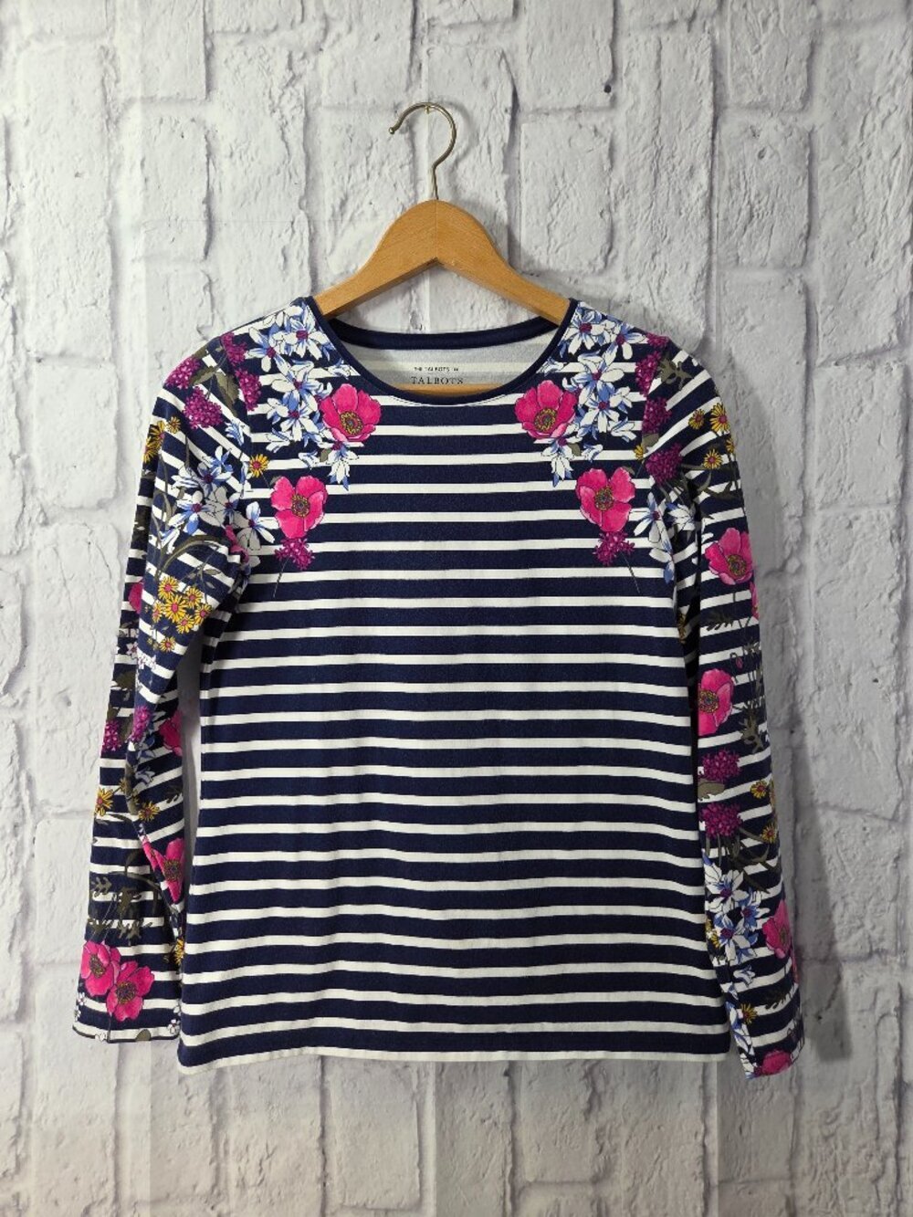 The Talbots Tee Petite Small Navy Floral Striped Pima Crewneck Lightweight Tee